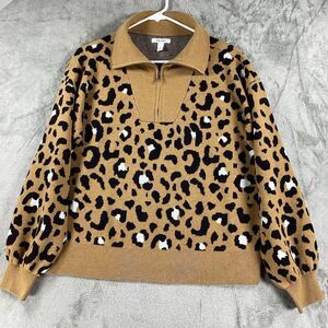 Nine West Women's L Sweater Leopard Print Sweater-Quarter Zip Maximalist Animal